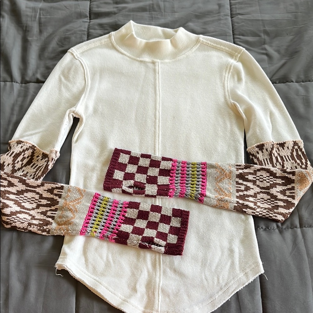 We The Free Cream Sweater with Brown and Pink Accents